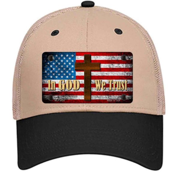 In God We Trust Metal on Trucker Mesh Snapback Hat - Khaki - Picture 1 of 2